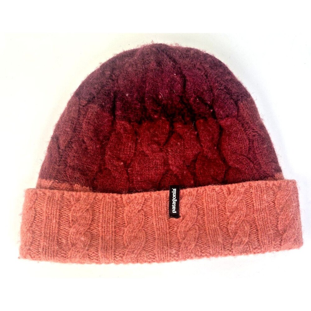 Patagonia Women's /Girl's S -Fold Over Beanie Hat Red Merino Wool Cable Knitted